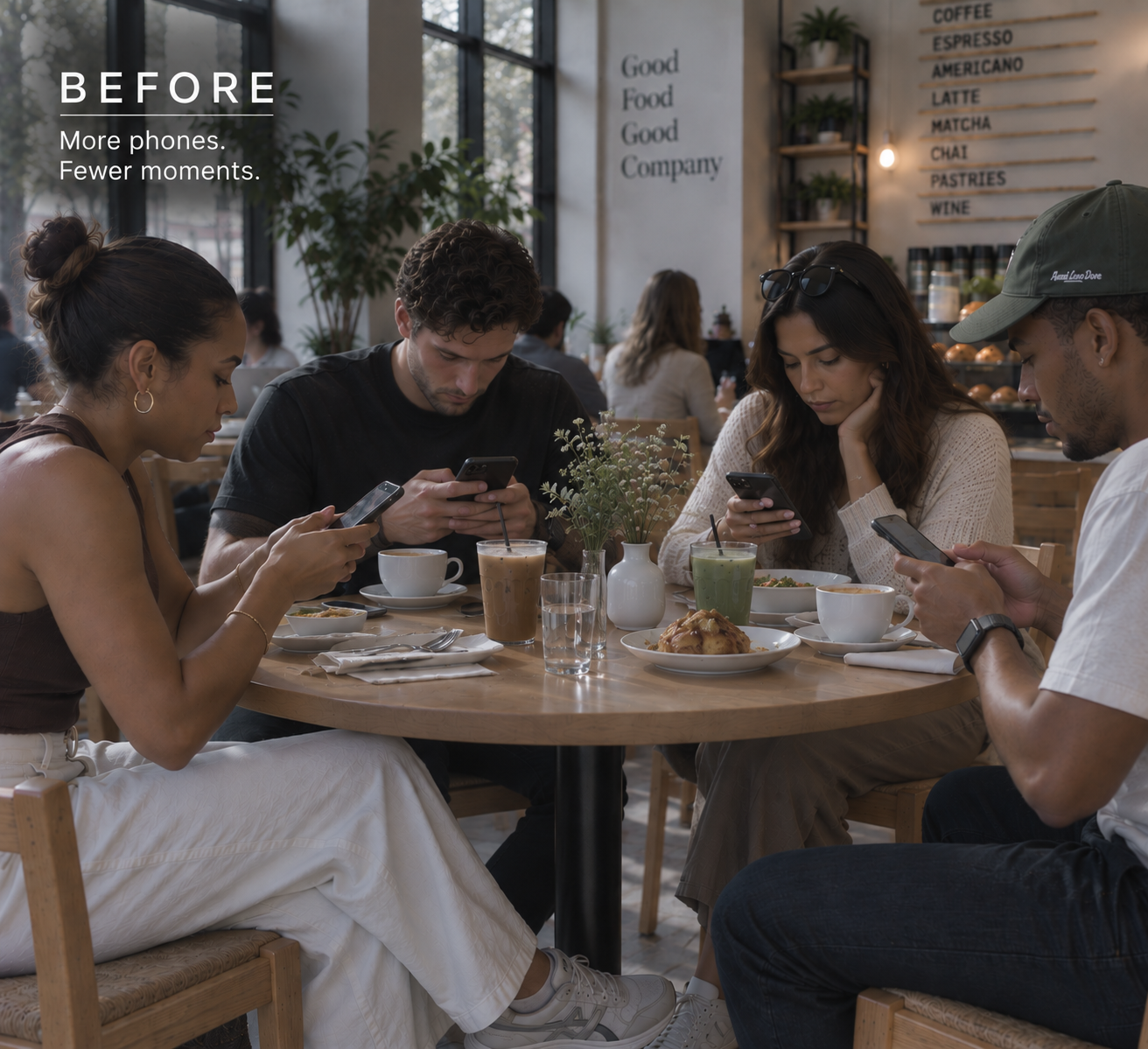 Before: a table of friends at a café, every person staring at their phone